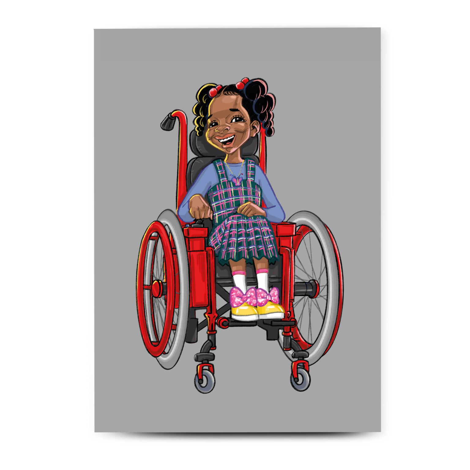Greetings crad shows a black girl with her hair in pigtails sitting in a red wheelchair