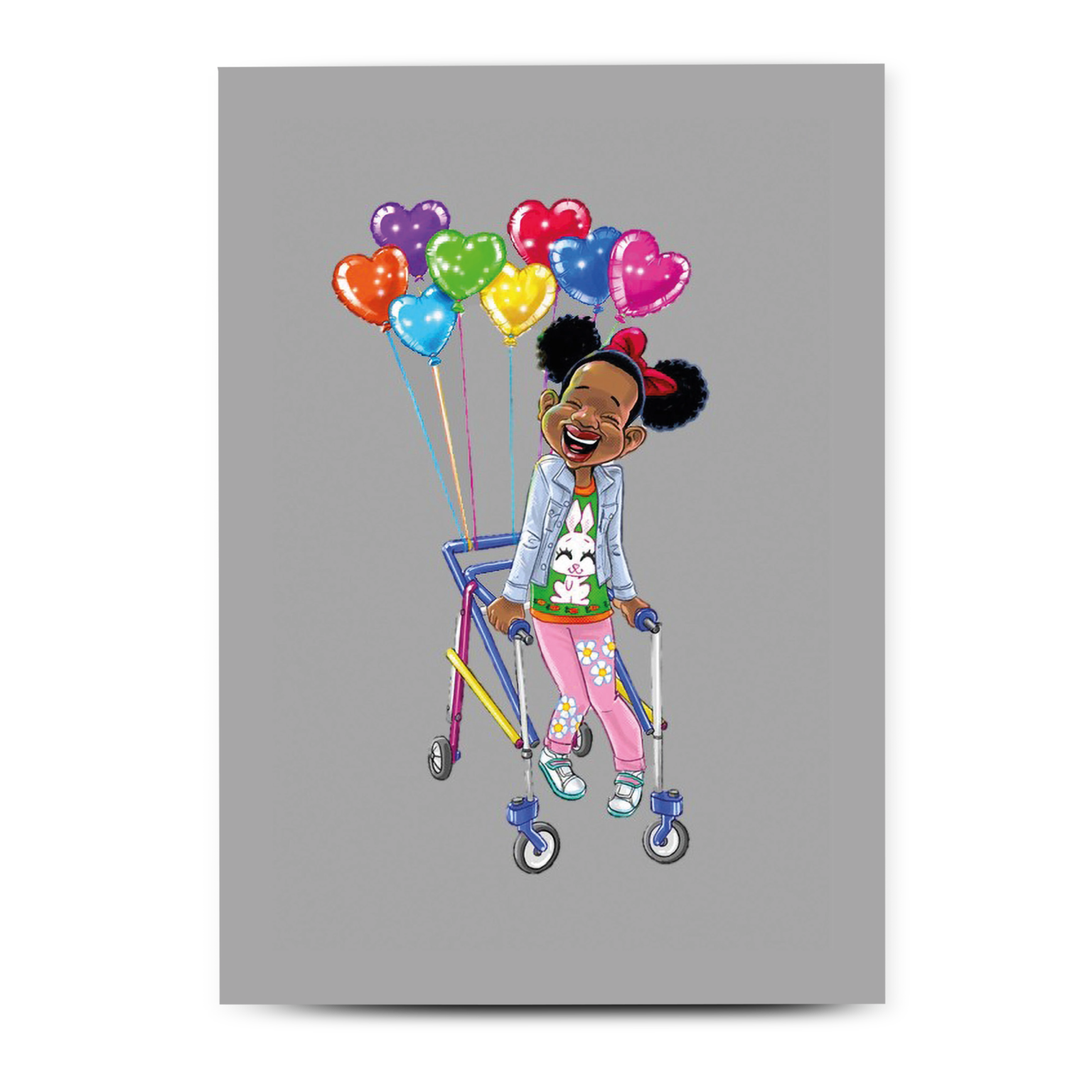 Greetings card shows black girl with walking frame celebrating her birthday with multicoloured heart shaped balloons