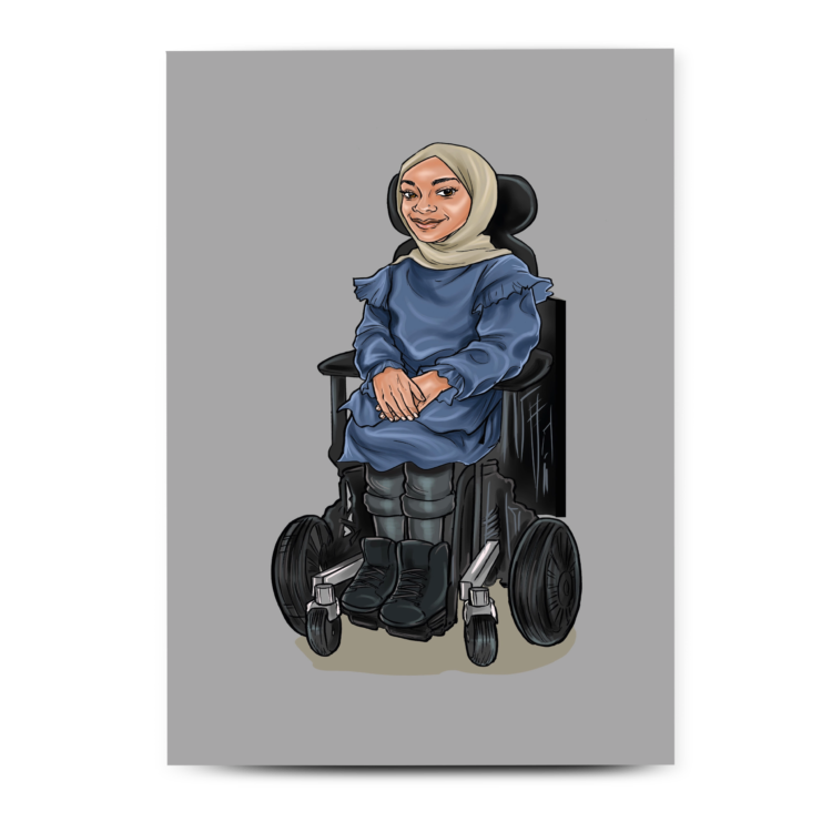 Greetings card shows woman with head scarf in a black wheelchair