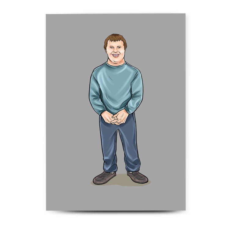 Greetings card shows white man with Down syndrome