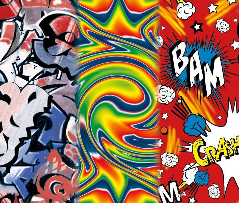 Art design options includes colourful swirls and cartoons 