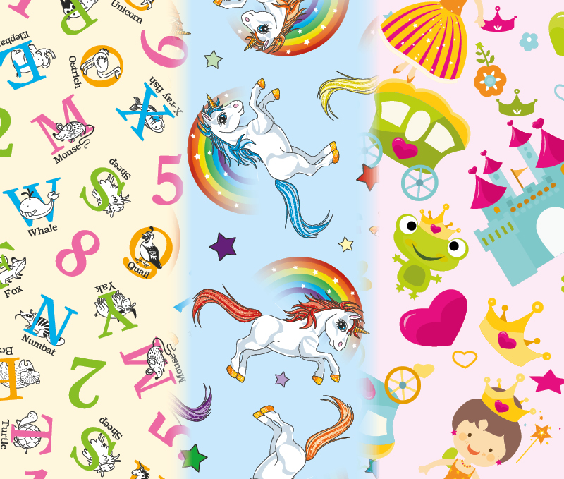 Kids designs include numbers and letters, unicorns and fairytale options