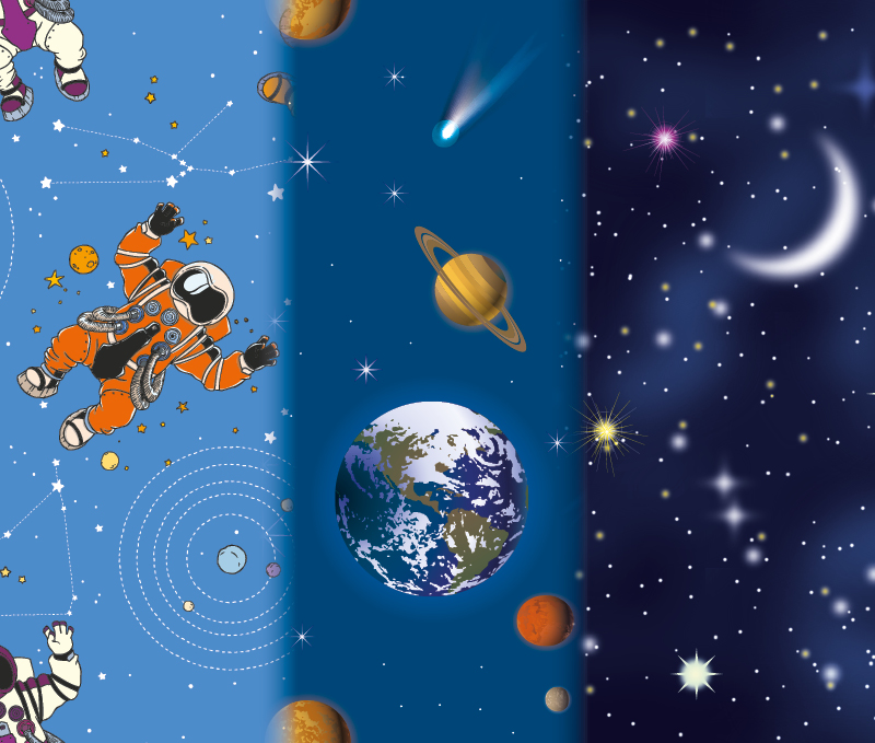 Space designs include astronauts, planet earth and moon options