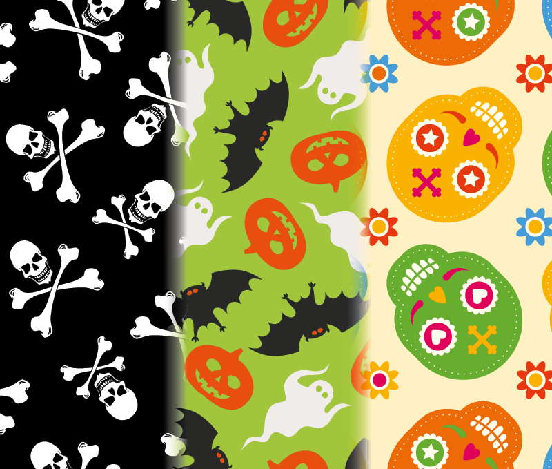 Spooky designs include black and white skulls, green and orange pumpkins and bats and coloured skull options