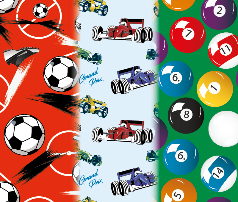 Sport designs includes football, racing cars and table pool balls.