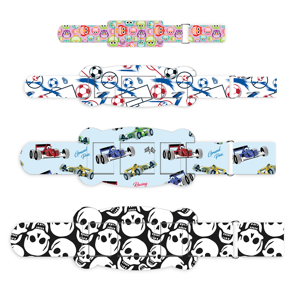 Strap kits in skulls, racing cards and football designs