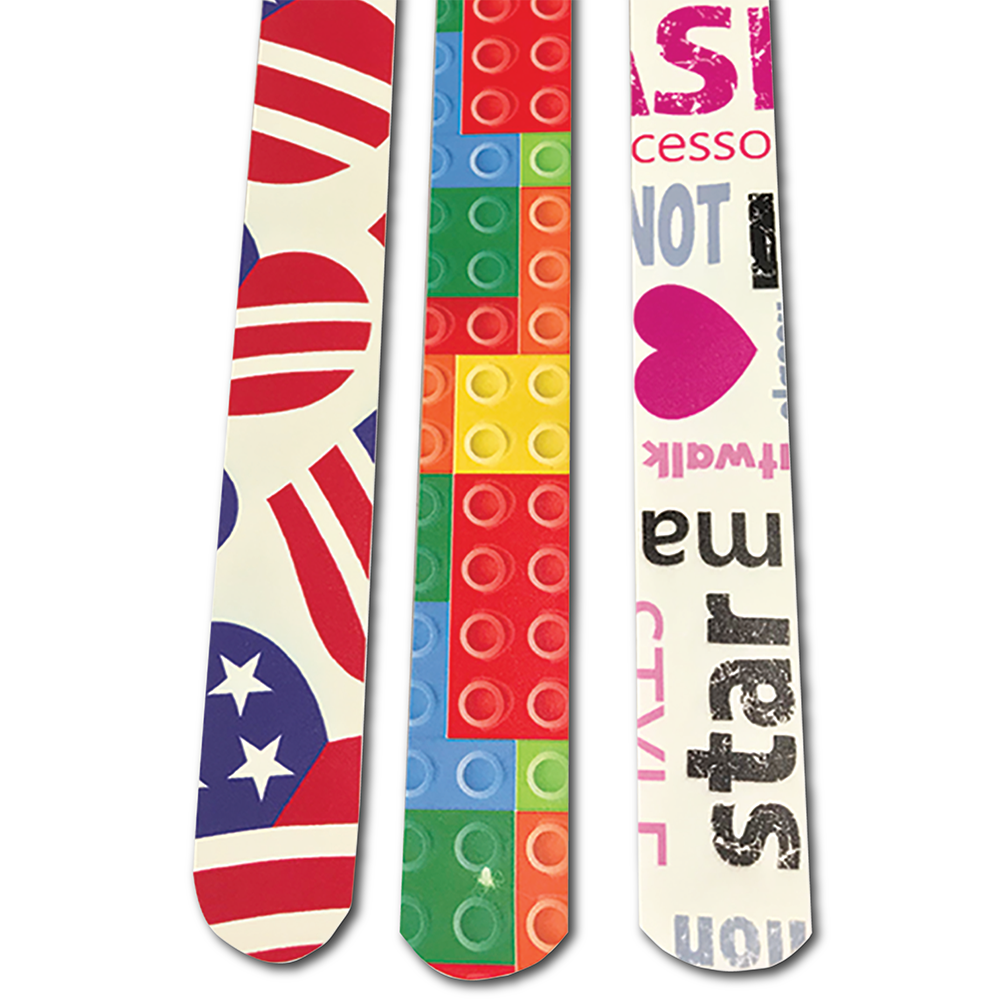 Straps in Stars and Stripes, lego blocks and hearts and the word star