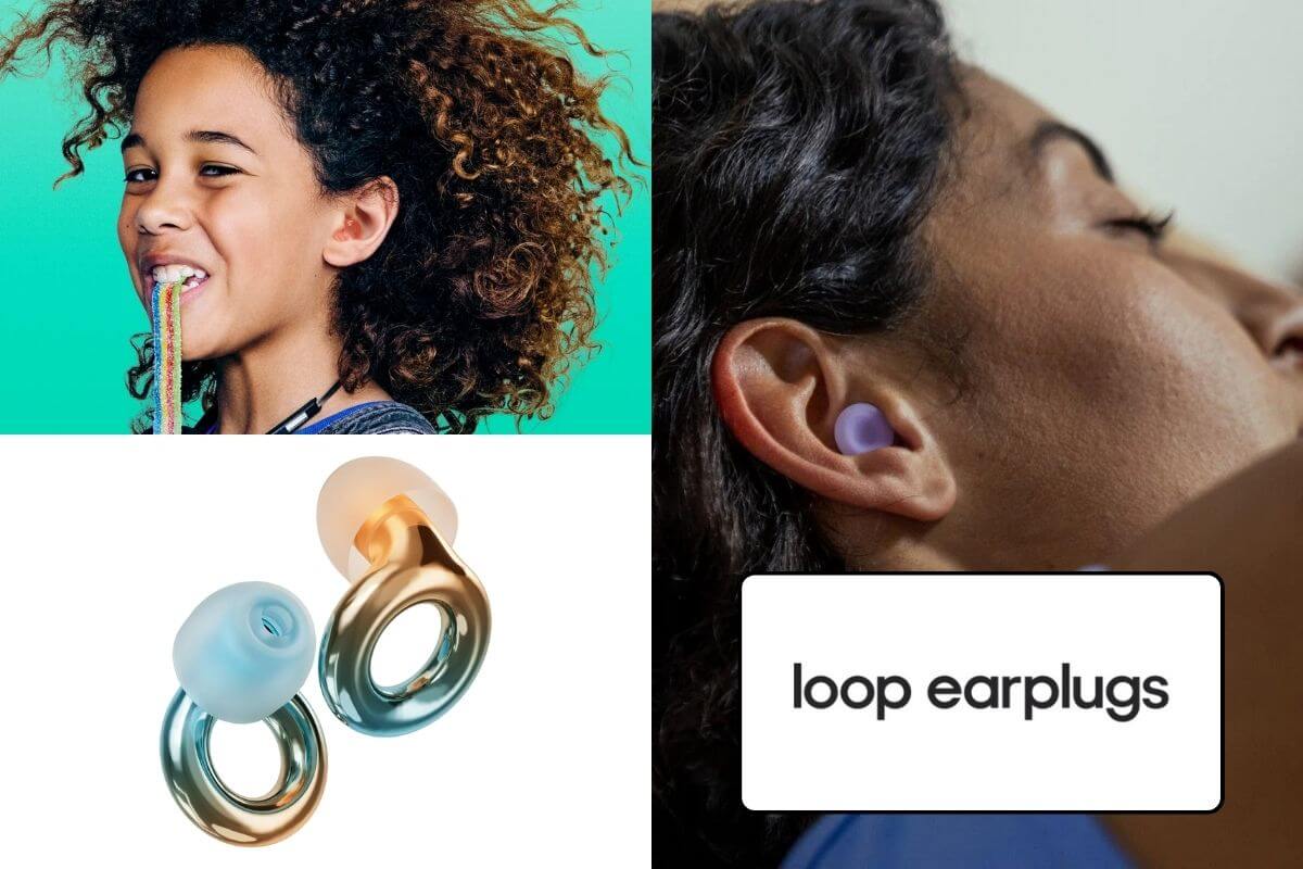 A collage with a smiling child brushing teeth, a close-up of a person wearing purple earplugs while lying down, a pair of metallic loop earplugs, and the text "loop earplugs" on a white background.