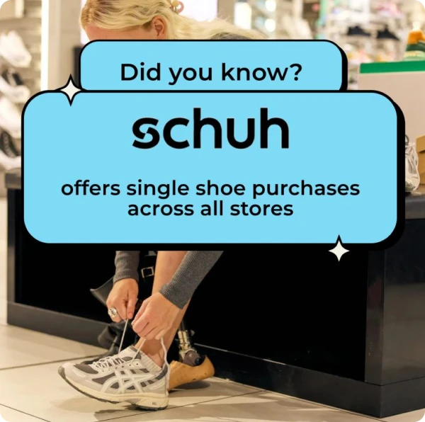 Text explains that single shoe purchases are available across schuh store. Image shows a woman buying a single shoe due to limb loss.