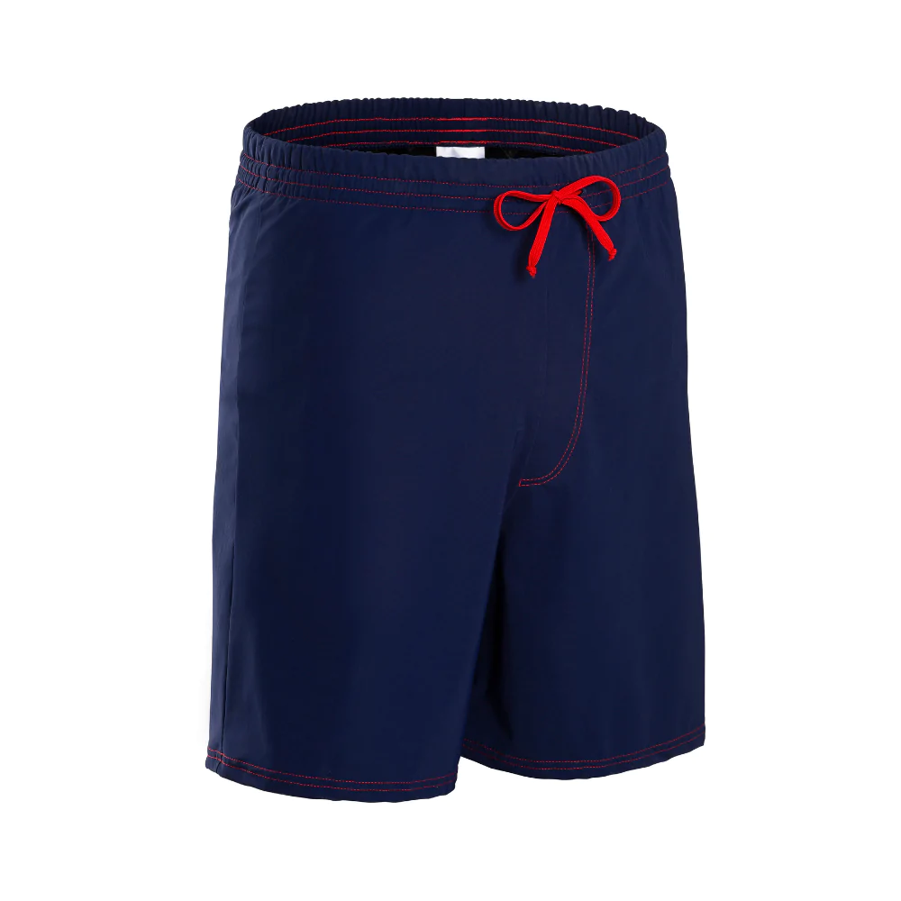 Incontinence swim shorts for men in dark blue with a red tie at the waist