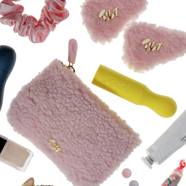 A cluster including the pink comfy makeup pouch, 2 pink comfy hair clips, and the lashscape mascara