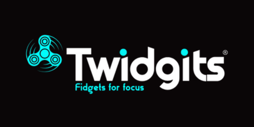 Twidgits logo showing a spinner fidget and saying 'fidgets for focus'