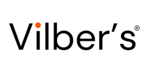Vilber's logo in black and white with a red dot for the i