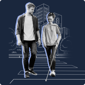 A couple walking down the zebra cross looking happy. The woman is holding WeWalk smart cane.