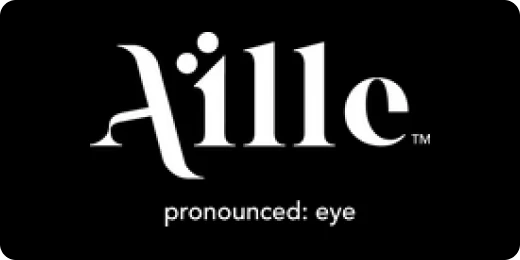 Aille TM prononuced eye written in stylish white font on a black background