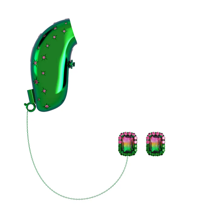 Bright green hearing aid cover with square pink and green jewell earrings