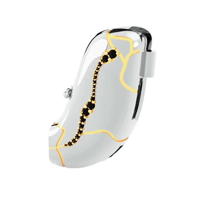 Silver with marbeled gold hearing aid cover with black diamanté