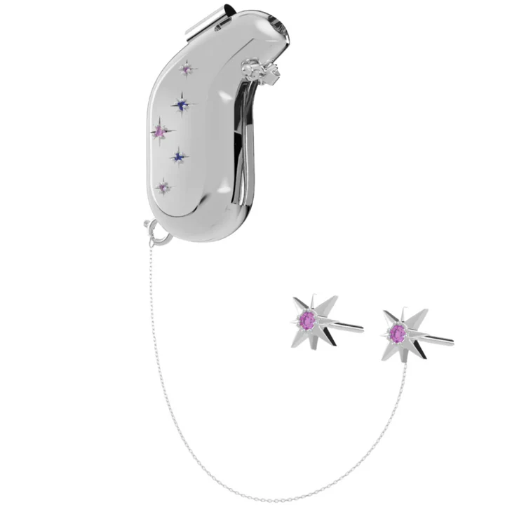Silver cover with jewell stars and star earrings with pink jewell in the centre