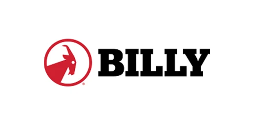 Billy written in bold black text, with an angular red goat emblem next to it.