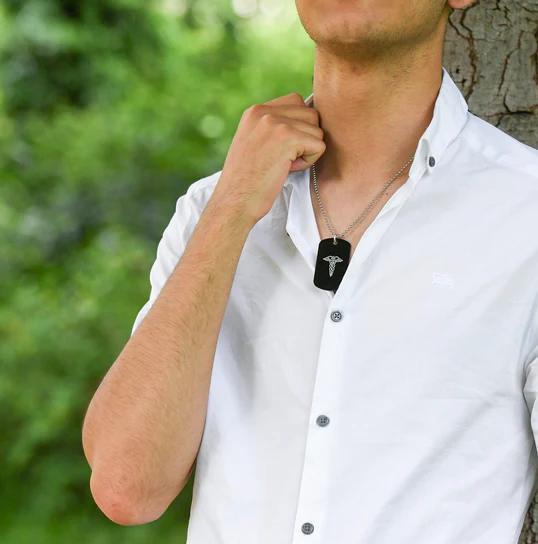 Man wears medical alert necklace
