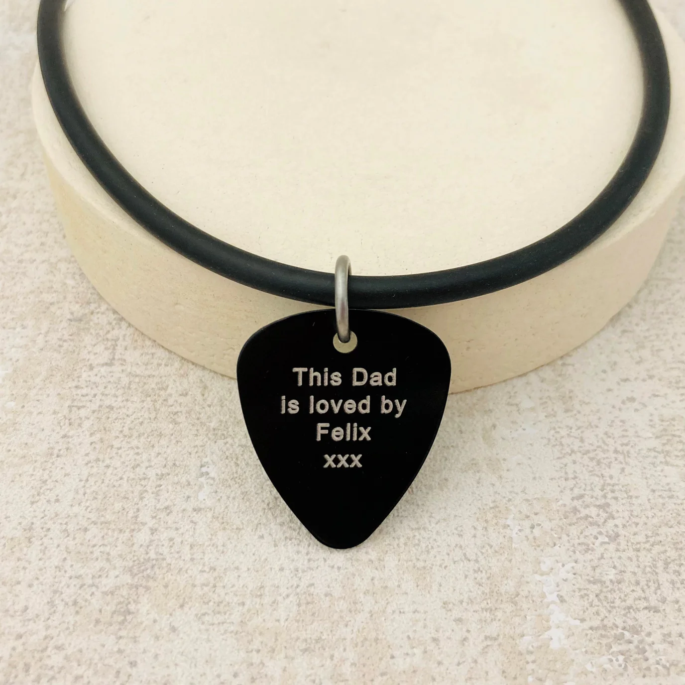 Black Guitar plectrum for Dads with personalised names of children