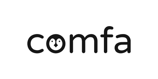 comfa written in lowercase curvy font with a penguin face in the O.