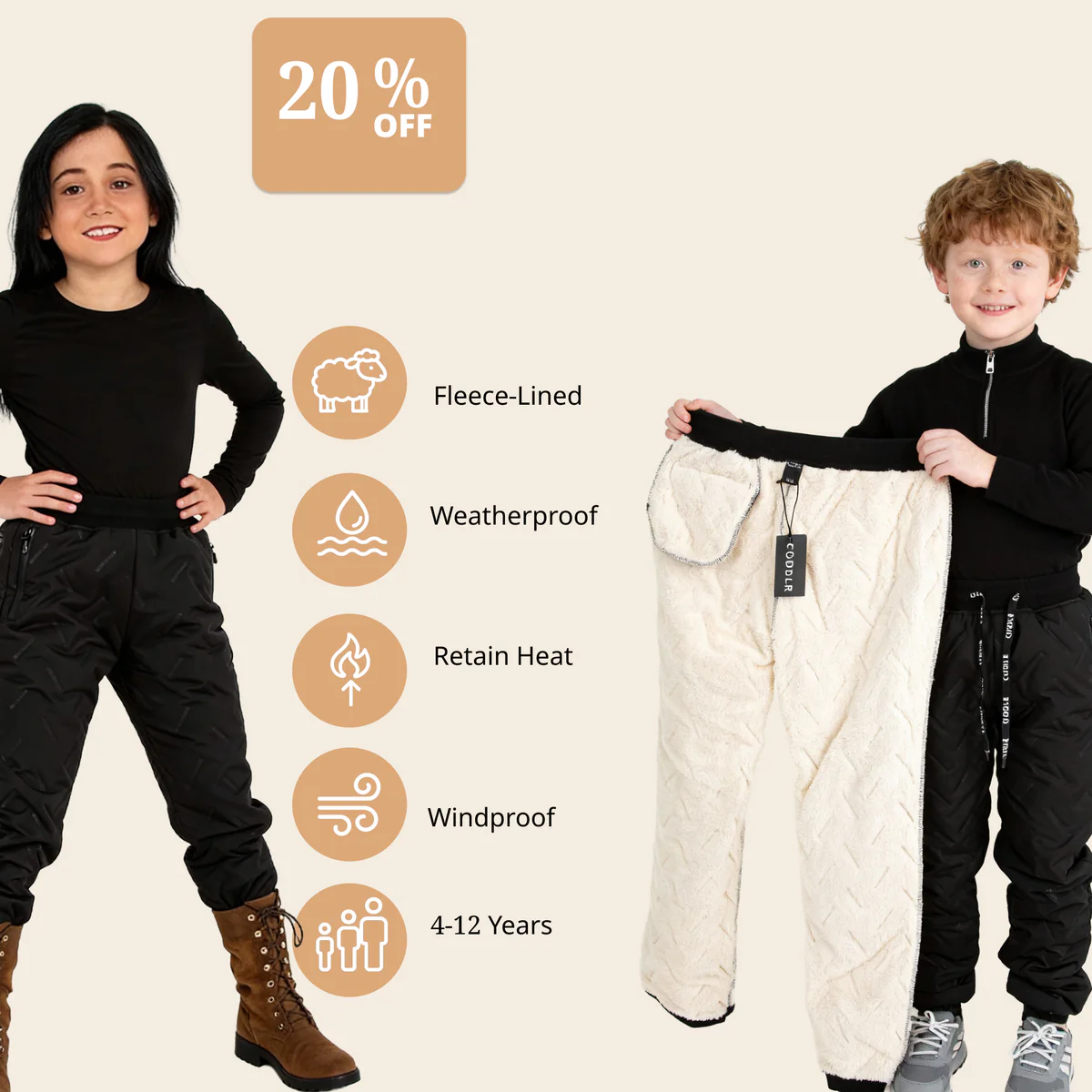 Two children demonstrate the benefits of the fleece lined trousers