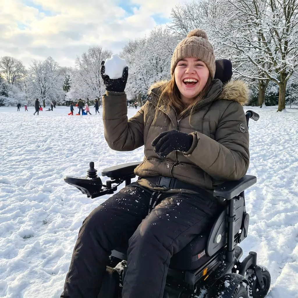 Woman in a wheelchair plays with snow wearing Cuddlr's outdoor trousers