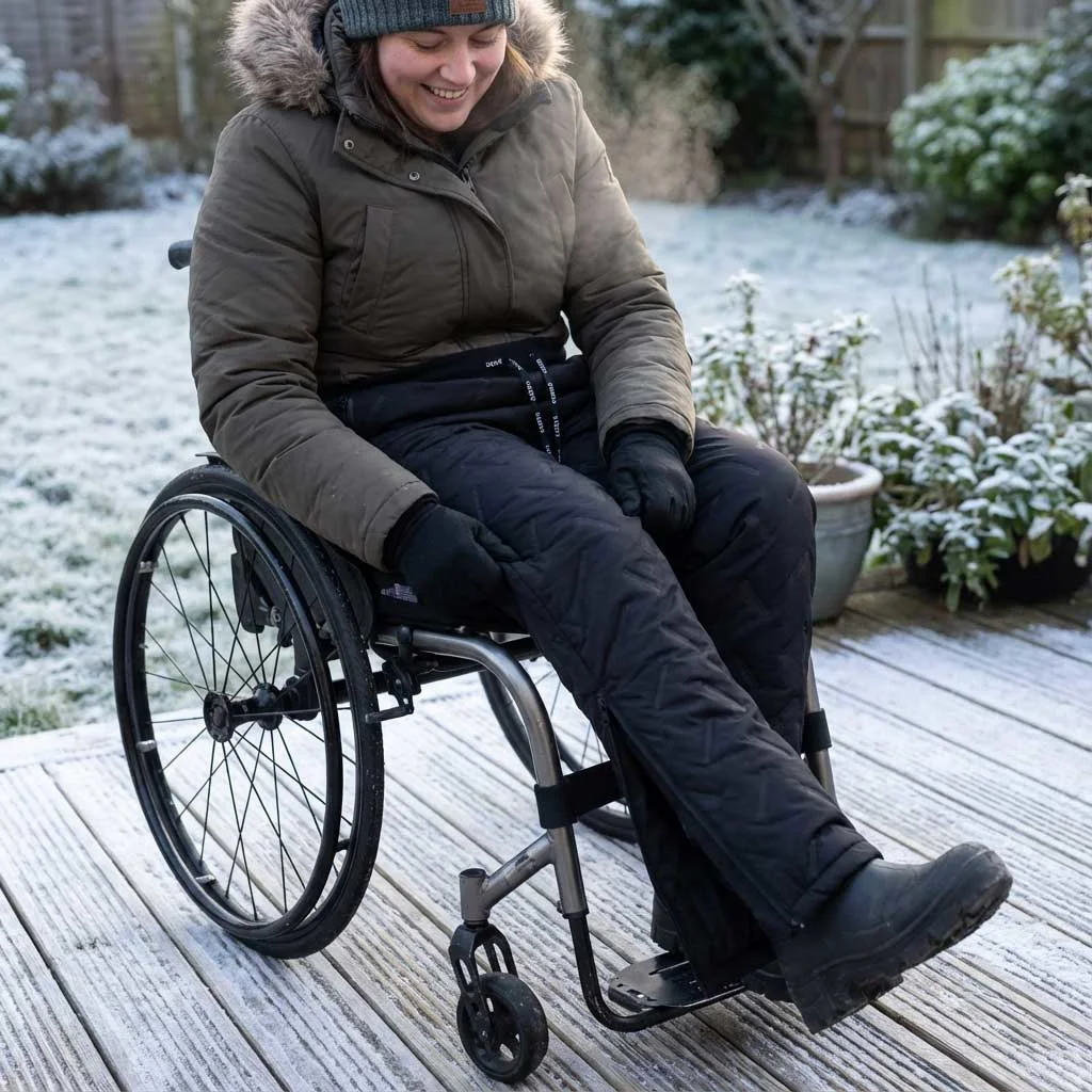 Man wears Cuddlr's outdoor trousers in a wheelchair