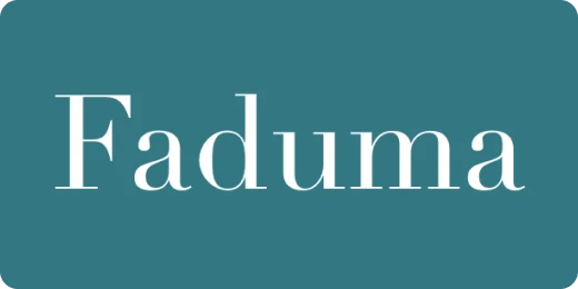 Faduma typeset in an elegant thin typeface in white on turquoise.