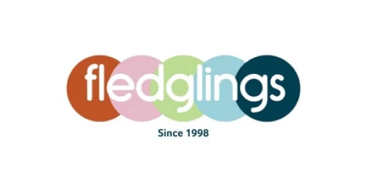 fledglings, since 1998, written in white in front of red, pink, green, blue and navy circles.