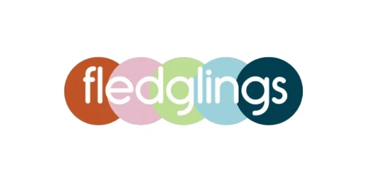 fledglings written in white in front of red, pink, green, blue and navy circles.