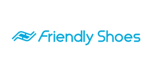 Friendly shoes written in blue angular font, with an icon made of 2 F letters in the shape of shoes.