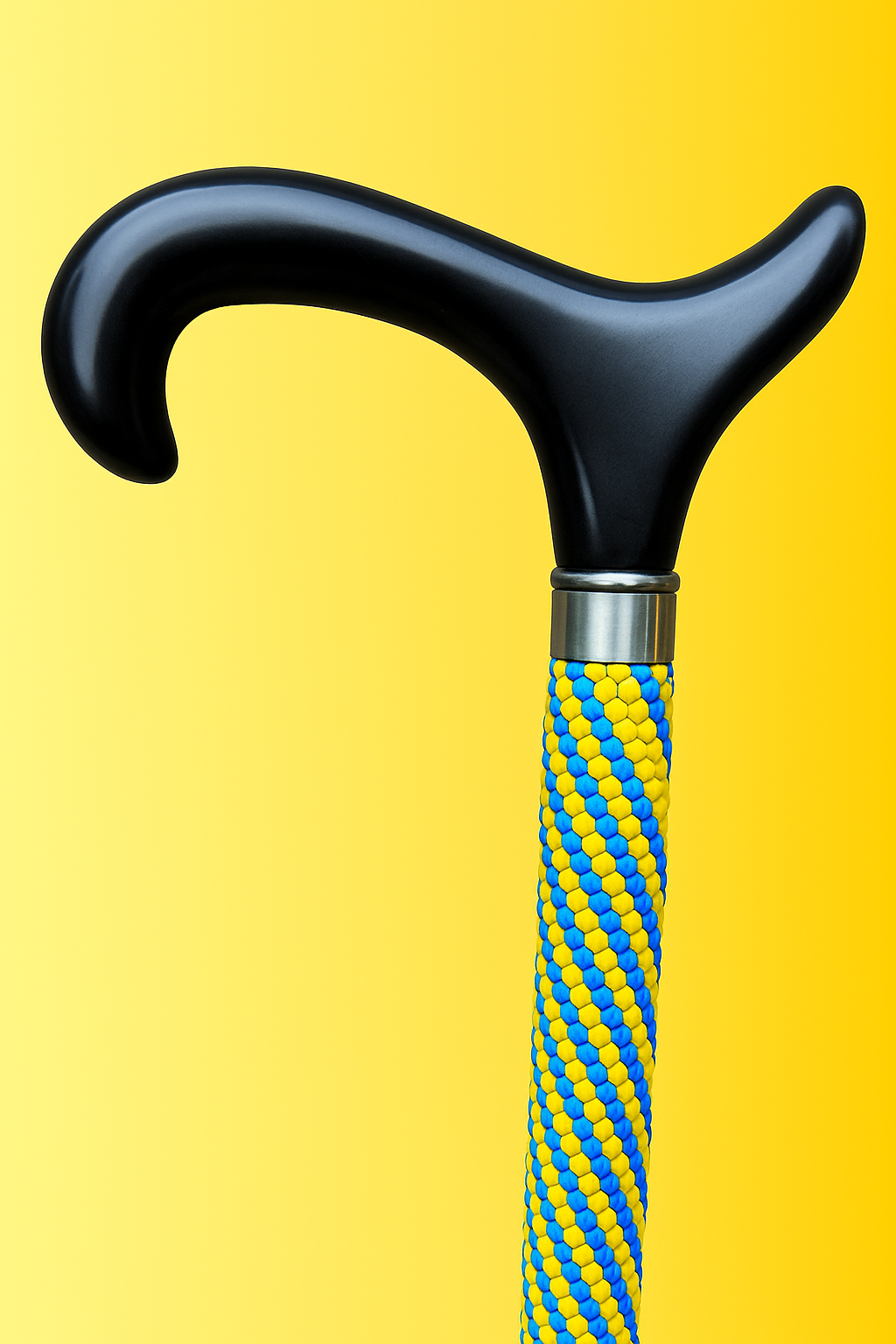Yellow and blue bewjelled walking stick with black handle