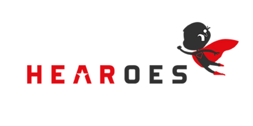 Hearoes logo which shows a child superhero with a cochlear implant