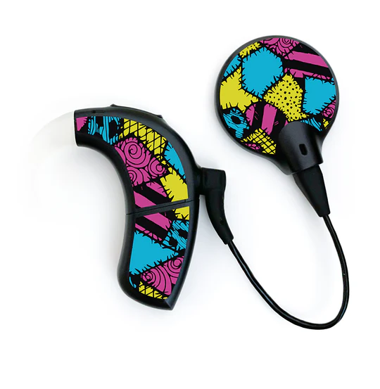 Cochlear implant skins in yellow turquoise and magenta pink patchwork design