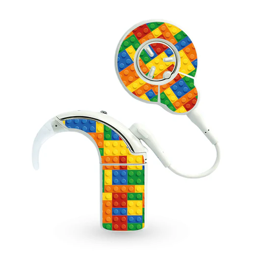 Cochlear implant skins yellow blue green and red block design 