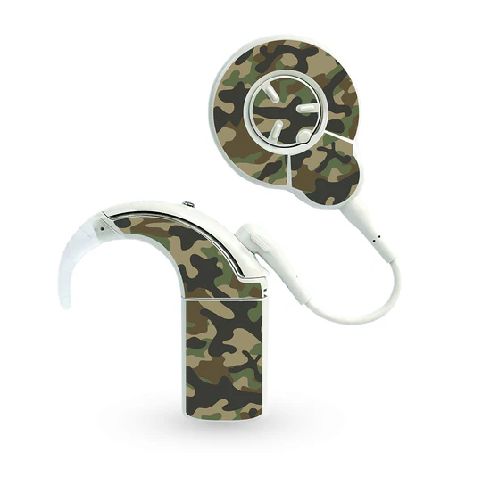 Cochlear implant skins in green camouflage design
