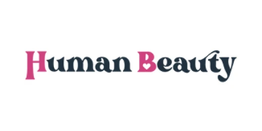 Logo with the H in Human and B in Beauty in pink in capitals and other letters in lower case coloured black