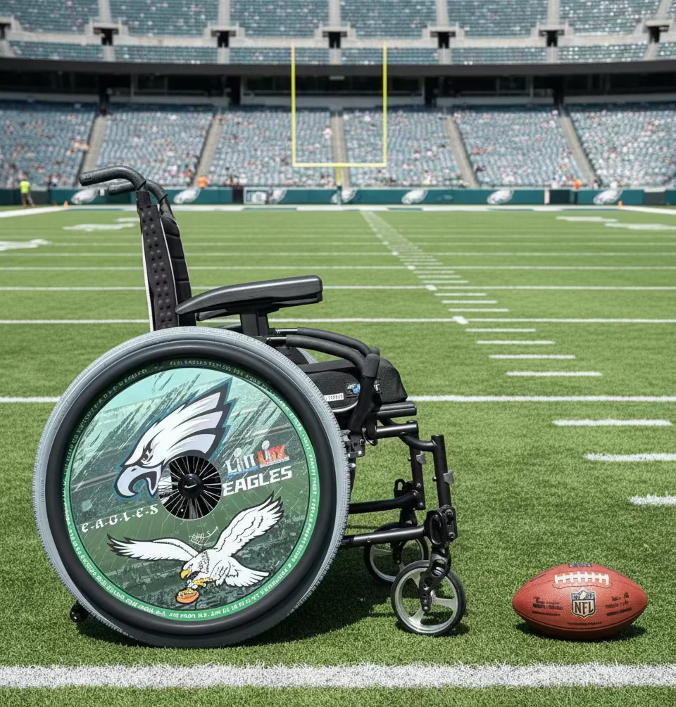 Eagles sports team design wheel cover on wheelchair on a sports field