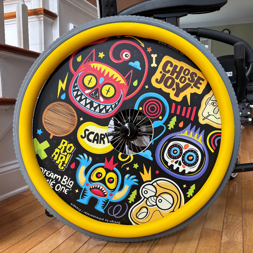 Monster design wheel cover with yellow trim