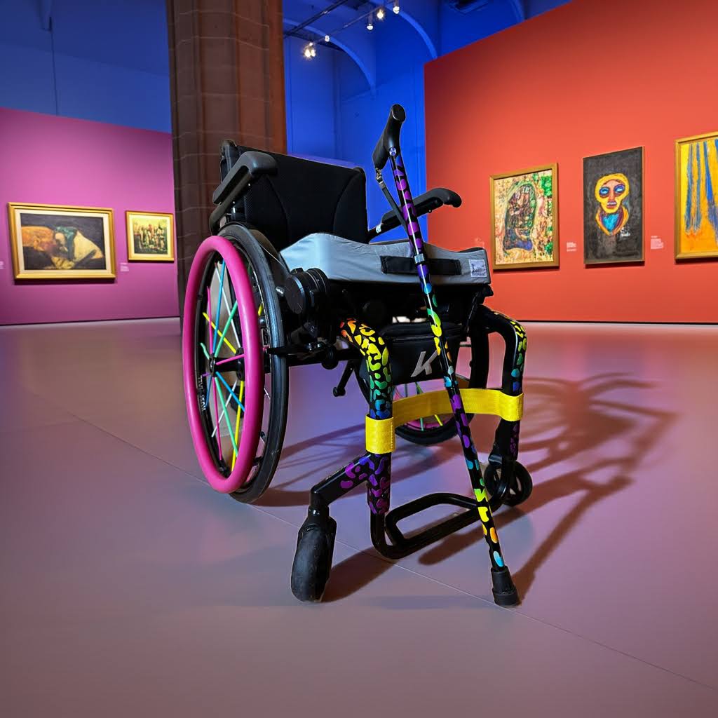 Dramatically lit photo of pink trim and multicoloured spokes on wheelchair with multicoloured zebra skins and matching walking stick