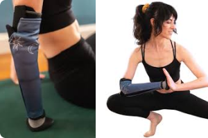 a close up of the adult arm prosthetic in a yoga pose, alongside the full image of the yoga pose.