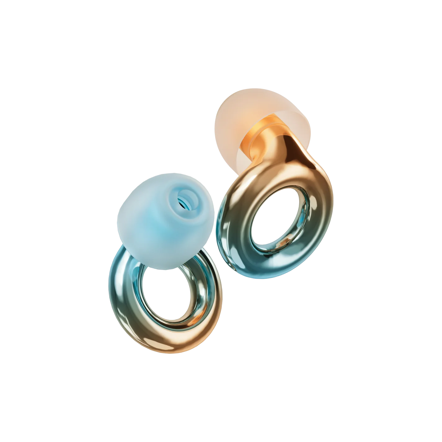 Coachelle earplugs shown in blended colours of aqua and peach