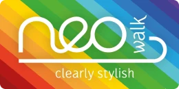 Rainbow coloured background with neo walk logo underlined with a walking stick symbol and tag line clearly stylish underneath