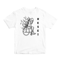 White t shirt with the word reset shown vertically on the right next to a graphic of a person in a wheelchair 