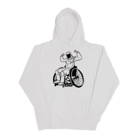 White hoodie with wheelchair graphic with user raising arms to demonstrate strength