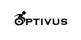 Logo with the O in Optivus as a wheel of a wheelchair with a figure in the wheelchair and the lettering in black capitals on a white background