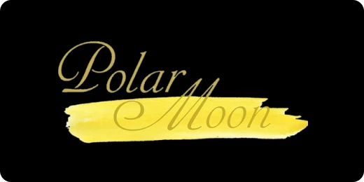 The word Polar is written in a gold script on a black background, with the word Moon below in the same script against a yellow brush stroke