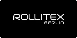 Logo with rollitex in white capital letters on a black background with berlin in capitals underneath